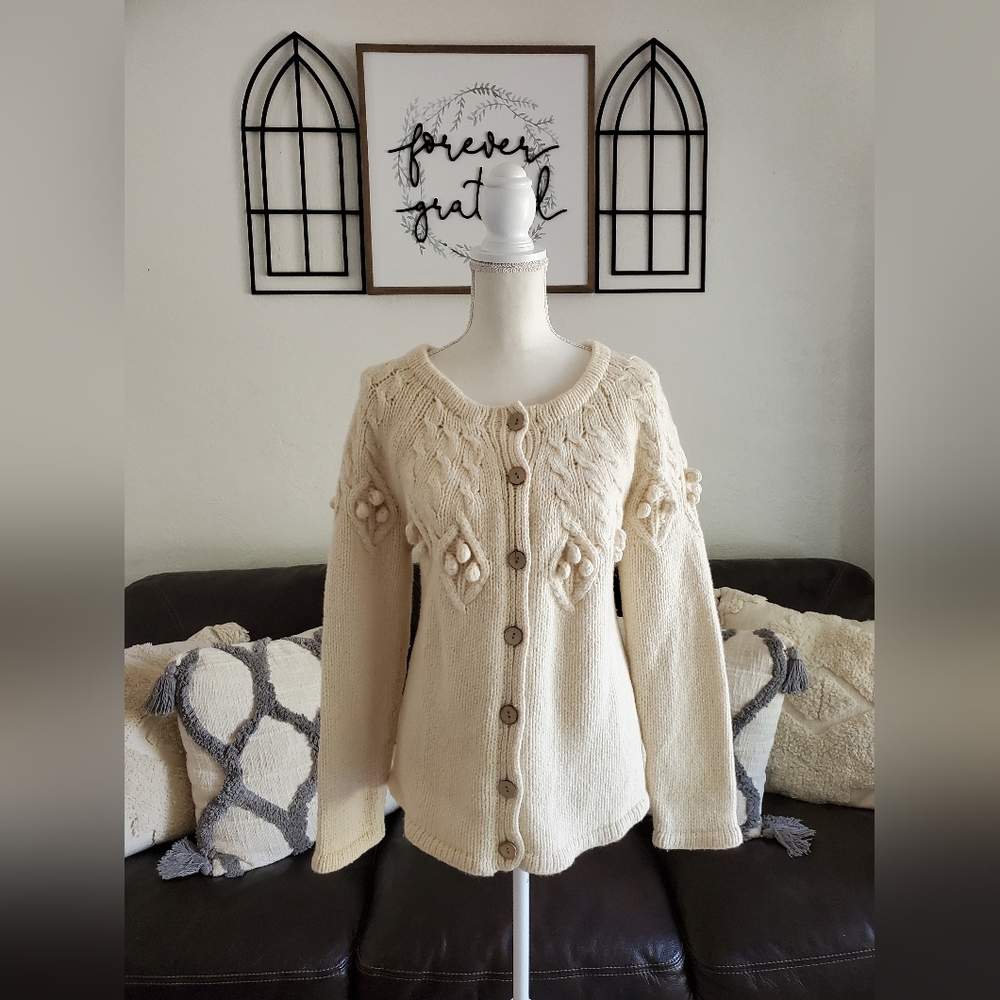 Vintage Nua Cottagecore Bobble Button Up Cardigan Sweater Cream White Size XL